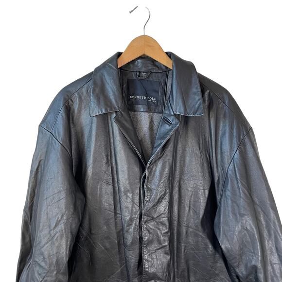 Vintage KENNETH COLE Mens Genuine Leather Coat Jacket Black Large Classic Grunge - Picture 4 of 12